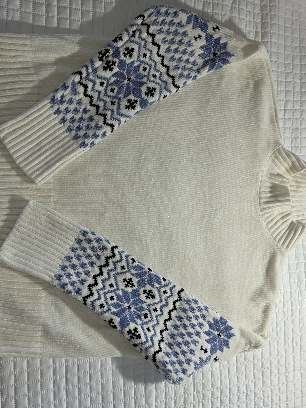 Christian Siriano Cream Turtleneck Sweater with Blue and Black Fair Isle Sleeves